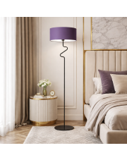 Czarna lampa podłogowa do salonu z fioletowym kloszem MORONI w stylu art deco
