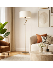 Klasyczna lampa stojąca do sypialni MORONI z tkaninowym abażurem ecru