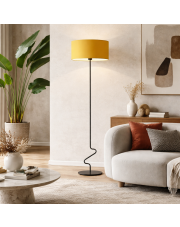 Czarna lampa stojąca do salonu z musztardowym abażurem JERSEY