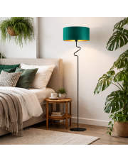 Designerska lampa stojąca do pokoju MORONI GOLD z abażurem w kolorze zieleni butelkowej ze złotym wnętrzem