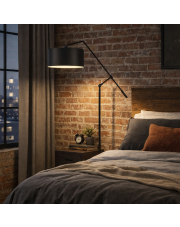 Czarna lampa stojąca do sypialni z abażurem LIBERIA z regulowanym kątem padania światła