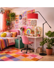 Designerska lampa podłogowa z czerwonym abażurem i czarnym stelażem LIBERIA