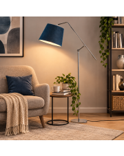 Nowoczesna lampa stojąca do salonu z regulowanym ramieniem do czytania FOYA VELUR srebrna z granatowym kloszem z weluru
