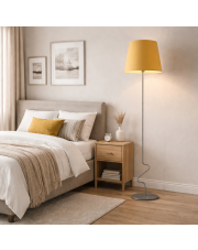 Musztardowa lampa stojąca do salonu SURAT z abażurem