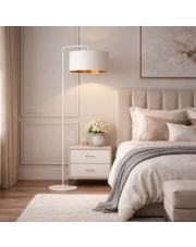 Biała lampa podłogowa do salonu w stylu glamour BOLIVIA GOLD lampa stojąca z klasycznym abażurem tkaninowym