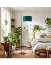 Nowoczesna lampa stojąca do sypialni w stylu urban jungle BOLIVIA VELUR z welurowym abażurem zieleń butelkowa ze złotym wnętrzem
