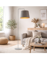 Skandynawska lampa stojąca do salonu RIJAD GOLD z szarym abażurem ze złotym wnętrzem