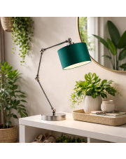 Srebrna lampka na biurko z ruchomym ramieniem ASMARA z abażurem w kolorze zieleni butelkowej