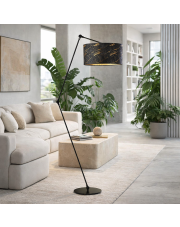 Czarna lampa podłogowa z regulowanym ramieniem do czytania w salonie BARI MARMUR z abażurem z motywem marmuru