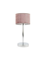 Chromowana lampka stołowa do salonu NICEA VELUR z welurowym abażurem w kolorze pudrowego różu