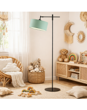 Czarna lampa podłogowa z regulowanym ramieniem do pokoju chłopca MELTON z miętowym abażurem