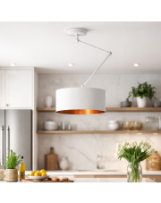 Biała lampa sufitowa na wysięgniku z abażurem nad stół w jadalni NEWA GOLD