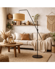 Czarna lampa stojąca do salonu z rattanowym kloszem BILBAO BOHO