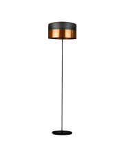 Czarna lampa stojąca do salonu do salonu WERONA GLAM z miedziano-czarnym abażurem