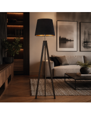 Drewniana lampa stojąca do salonu ARUBA VELUR z czarnym abażurem