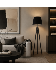 Czarna lampa stojąca do salonu ARUBA VELUR na drewnianej podstawie
