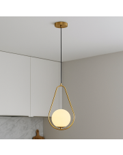 Złota lampa wisząca geometryczna metalowa MARGO ze szklanym kloszem w kolorze mlecznobiałym