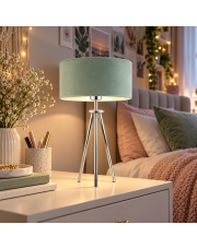 Chromowana lampa stołowa z miętowym abażurem z weluru ALTA VELUR nowoczesna lampka do sypialni i salonu