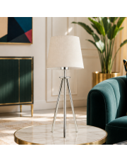 Chromowana lampa na trójnogu z abażurem BERGEN VELUR lampka na komodę do salonu