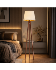 Lampa podłogowa CURACAO VELUR mahoniowy tripod, beżowy abażur ze złotym wnętrzem