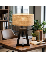 Drewniana lampa biurkowa z rattanowym abażurem CLIO BOHO do pracy i nauki