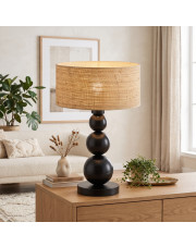 Czarna lampka nocna z ozdobnymi kulami HONOLULU BOHO z beżowym rattanowym kloszem