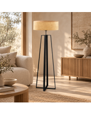 Czarna duża lampa podłogowa do salonu w stylu boho MOSS BOHO z rattanowym abażurem