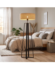 Czarna duża lampa podłogowa do sypialni w stylu boho MOSS BOHO z rattanowym abażurem
