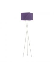 Srebrna lampa podłogowa na trójnogu w stylu arty deco DAKAR z fioletowym kloszem