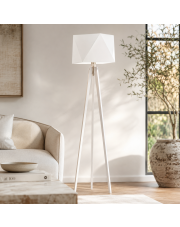 Biała lampa na drewnianym stelażu BOMBAJ lampa stojąca na trójnogu do salonu