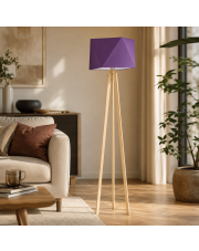 Lampa podłogowa drewniana z abażurem fioletowym BOMBAJ lampa na trzech nogach