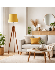 Drewniana lampa stojąca na trzech nogach ARUBA z musztardowym abażurem