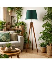 Lampa podłogowa trójnóg drewniana ARUBA abażur zieleń butelkowa stożek E27 LED