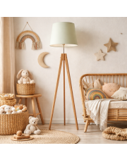 Drewniana lampa stojąca na 3 nogach ARUBA z miętowym abażurem