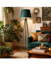 Elegancka lampa stojąca do salonu z drewna CURACAO drewniana lampa stojąca na trójnogu z drewna z abażurem zieleń butelkowa