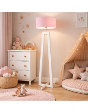 Biała lampa stojąca z drewna dziecięca BALI z różowym kloszem 40 cm