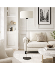 Czarna lampa podłogowa do salonu z kremowym abażurem WERONA w minimalistycznym stylu