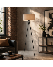 Lampa stojąca na trójnogu do salonu w stylu loft SEWILLA z beżowym abażurem