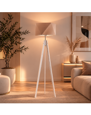 Drewniana lampa podłogowa na trójnogu LAGOS z beżowym abażurem