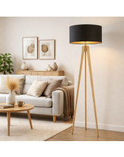 Drewniana lampa podłogowa na trzech nogach MIAMI GOLD w klasycznej czerni