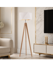 Dębowa lampa stojąca na 3 nogach z białym abażurem ze złotym LAGOS GOLD