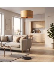 Czarna lampa podłogowa do czytania w salonie w stylu skandynawskim WERONA ECO z designerskim abażurem imitującym fornir