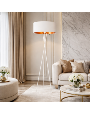 Biała lampa stojąca na 3 nogach PARYŻ GOLD do salonu w stylu glamour
