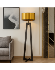 Czarna lampa stojąca z drewna ze złotym kloszem BALI MIRROR