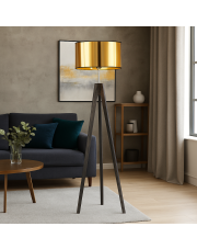 Drewniana lampa stojąca na trójnogu ze złotym abażurem HAITI MIRROR