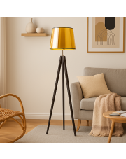 Drewniana lampa stojąca na trójnogu ze złotym kloszem ARUBA MIRROR