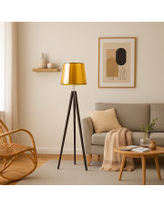 Drewniana lampa stojąca na trójnogu ze złotym kloszem ARUBA MIRROR