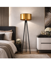 Lampa stojąca na trójnogu drewniana do sypialni MIAMI MIRROR ze złotym abażurem
