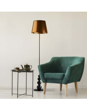 Czarna lampa stojąca LED do salonu LIZBONA MIRROR z miedzianym abażurem