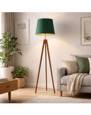 Lampa podłogowa na drewnianych nogach do salonu ARUBA GOLD z abażurem w kolorze zieleni butelkowej